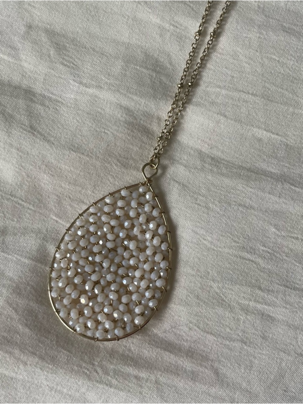 Gold Teardrop Light Pink Beaded Pendant Necklace - Women Jewelry